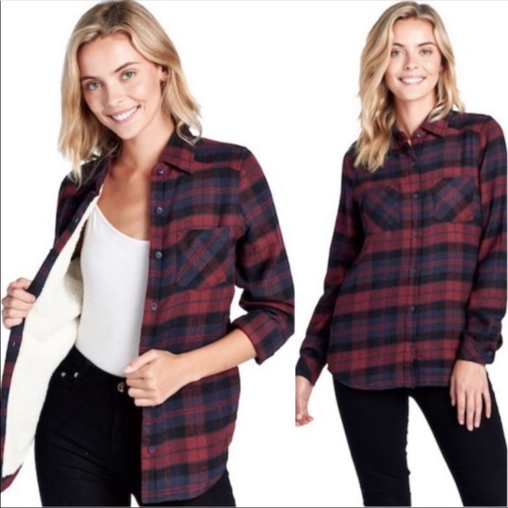 Sherpa Lined Plaid Tops - Picture 2 of 4